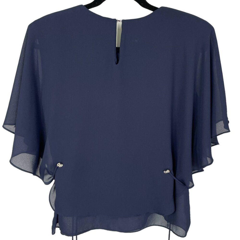 Victoria Morgan Vintage Navy Blue Cape style Top Silver bow accents Size Medium - Picture 2 of 12